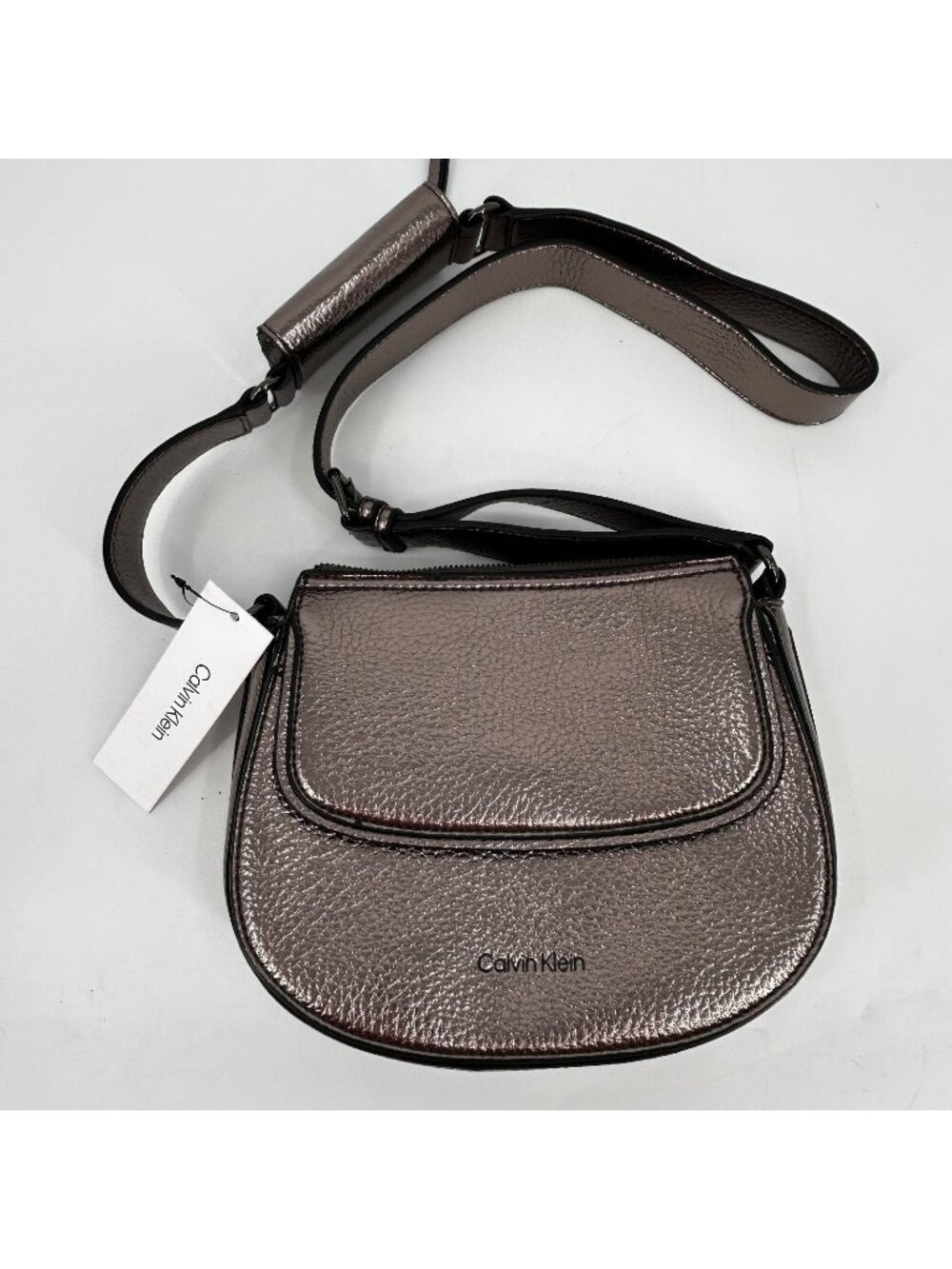 Calvin Klein Bella Crossbody Bag Gunmetal Polyurethane Zip Flap Adjustable Strap